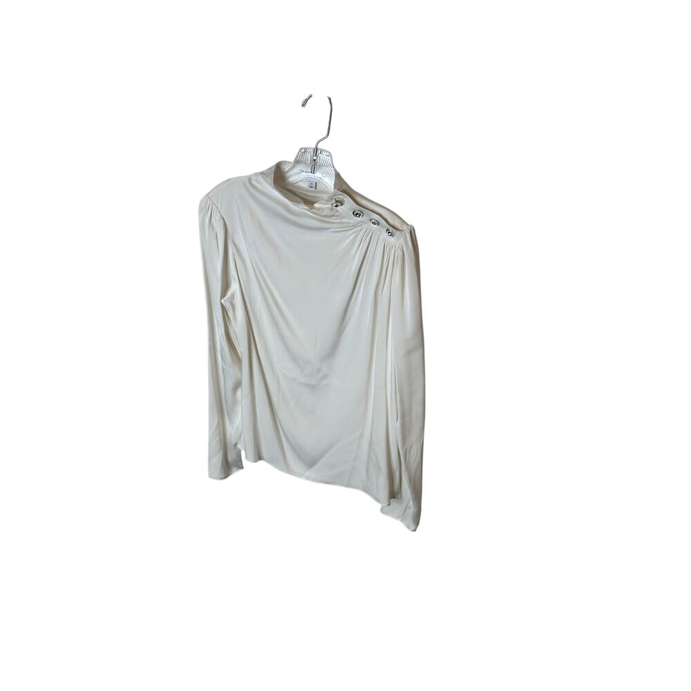 Intermix Womens Ivory Silk Blend Mock Neck Blouse‎ Crystal Shoulder Button Top 6